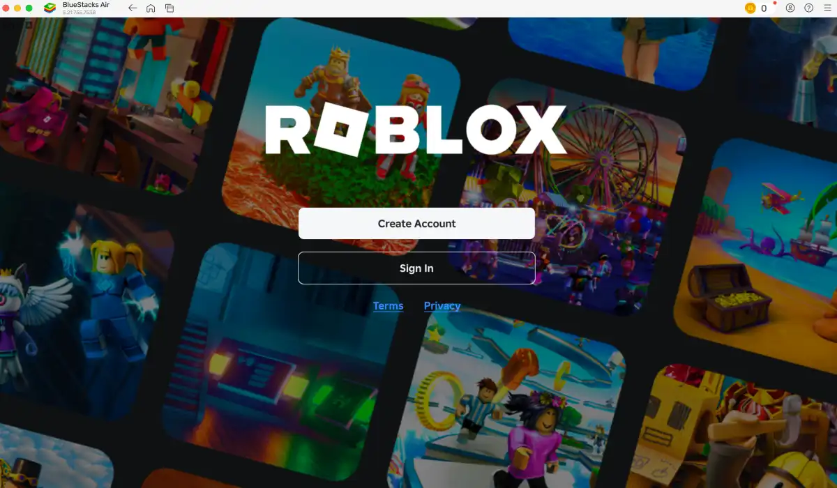Roblox login screen running inside BlueStacks emulator
